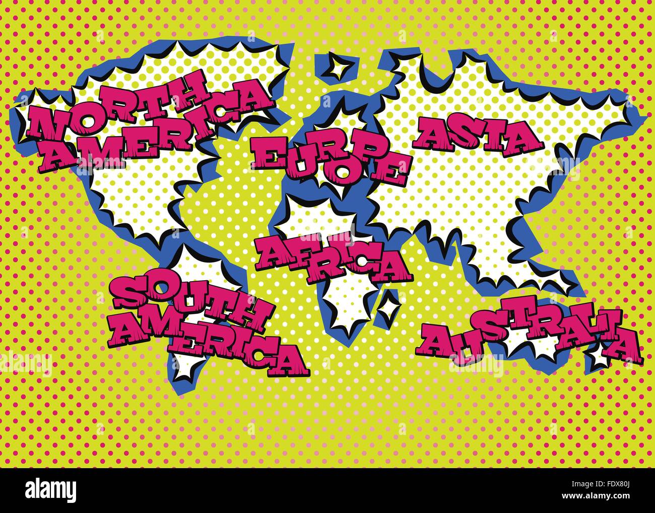 World map in pop art style, silk print dots and special lettering. Stock Vector