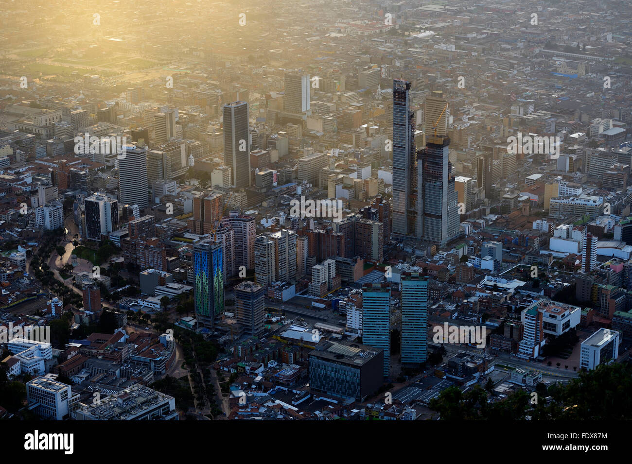 City centre, Central Business District, at sunset, view from view from Cerro Monserrate, Bogotá, Colombia Stock Photo