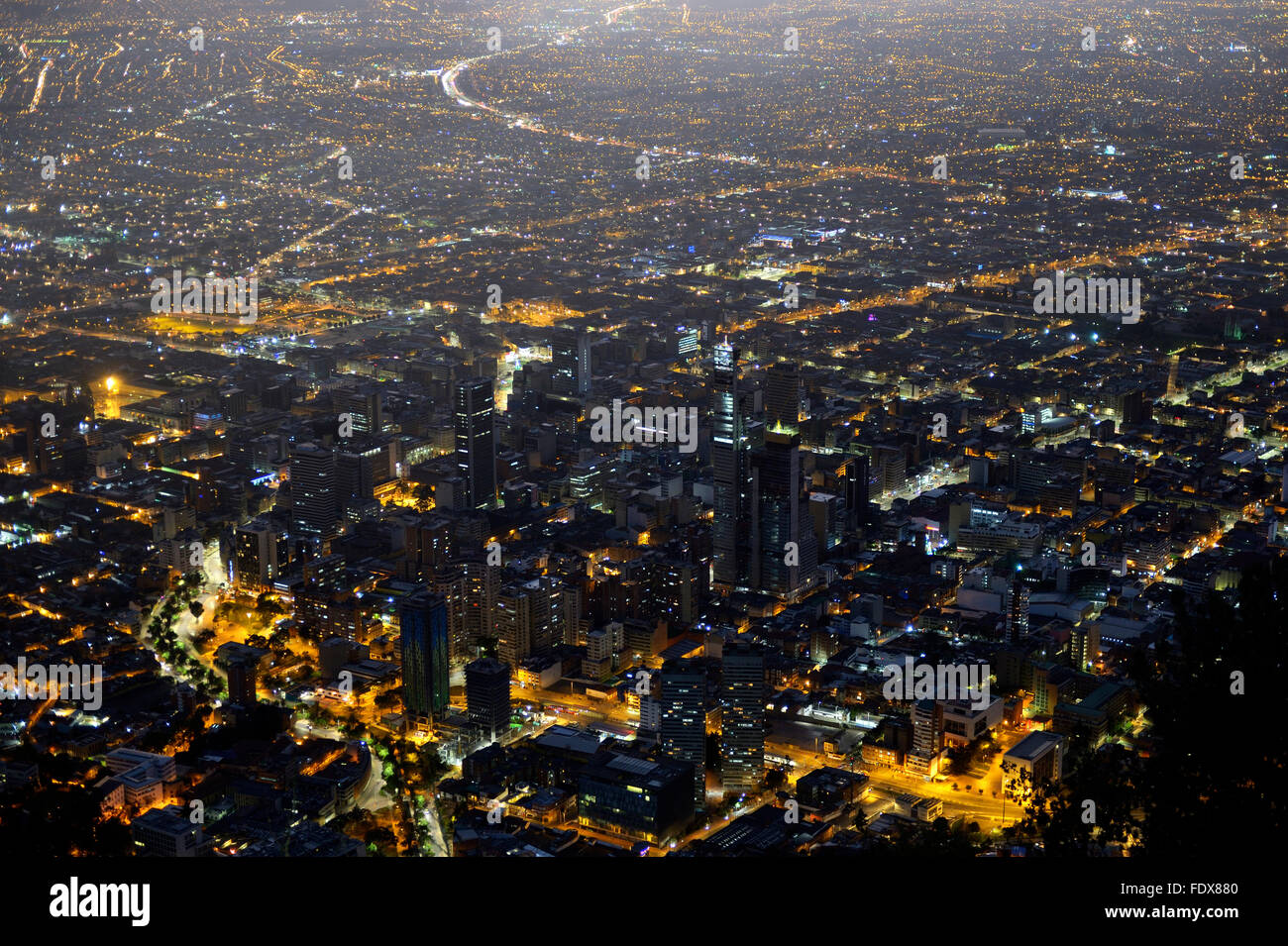 City centre, Central Business District, at night, view from Cerro Monserrate, Bogotá, Colombia Stock Photo