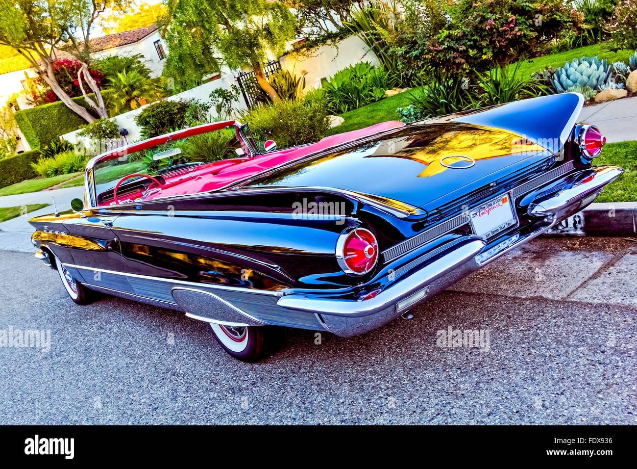 Classic American Convertible Black Car With Red Leather