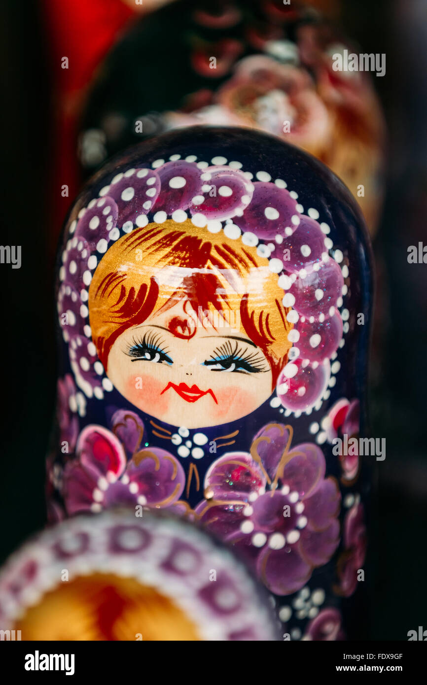 Colorful Russian Nesting Doll Matreshka At Market. Matrioshka Babushka Are Most Popular Souvenir From Russia. Stock Photo