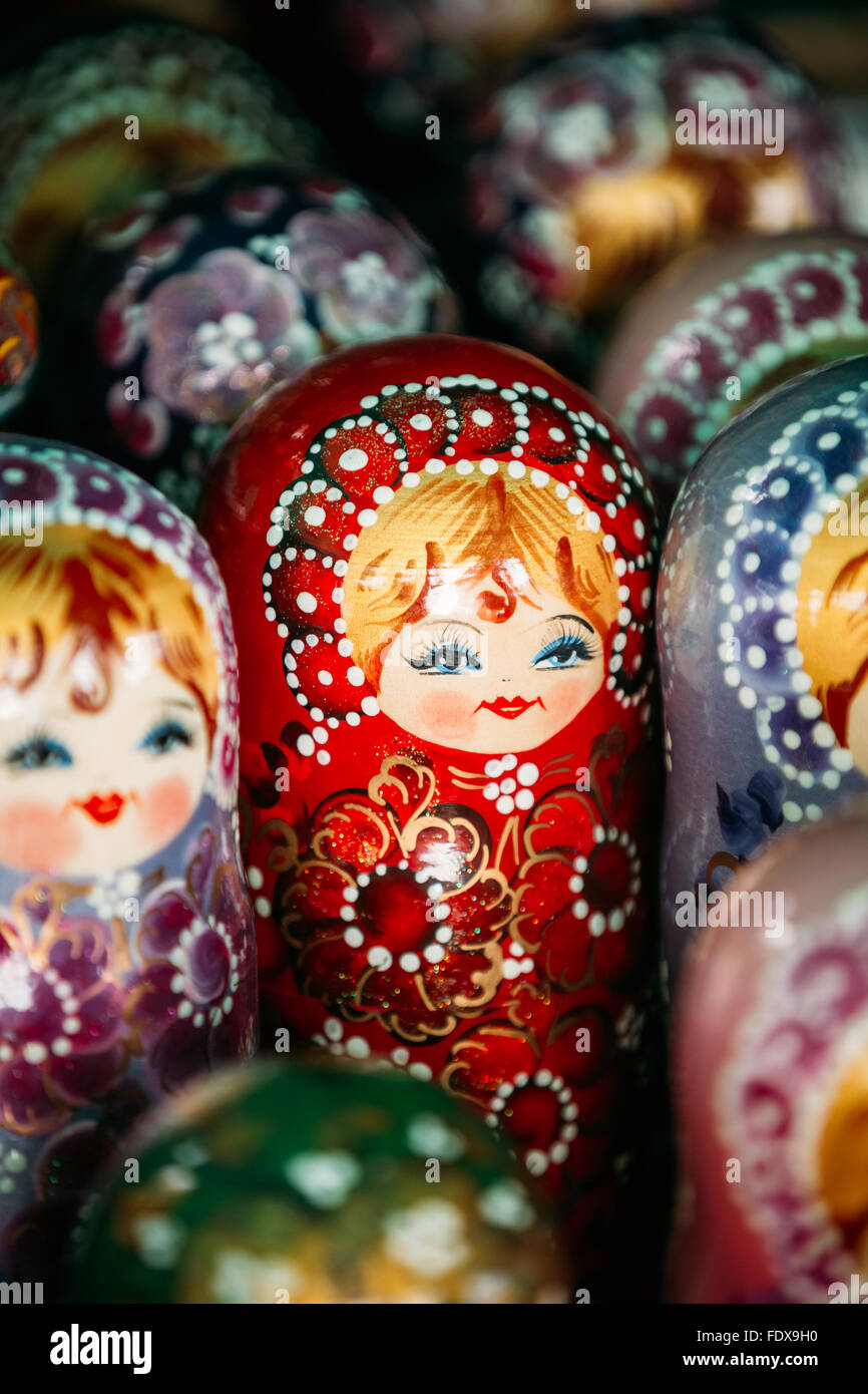 Colorful Russian Nesting Dolls Matreshka At Market. Matrioshka Babushka Are Most Popular Souvenir From Russia. Stock Photo