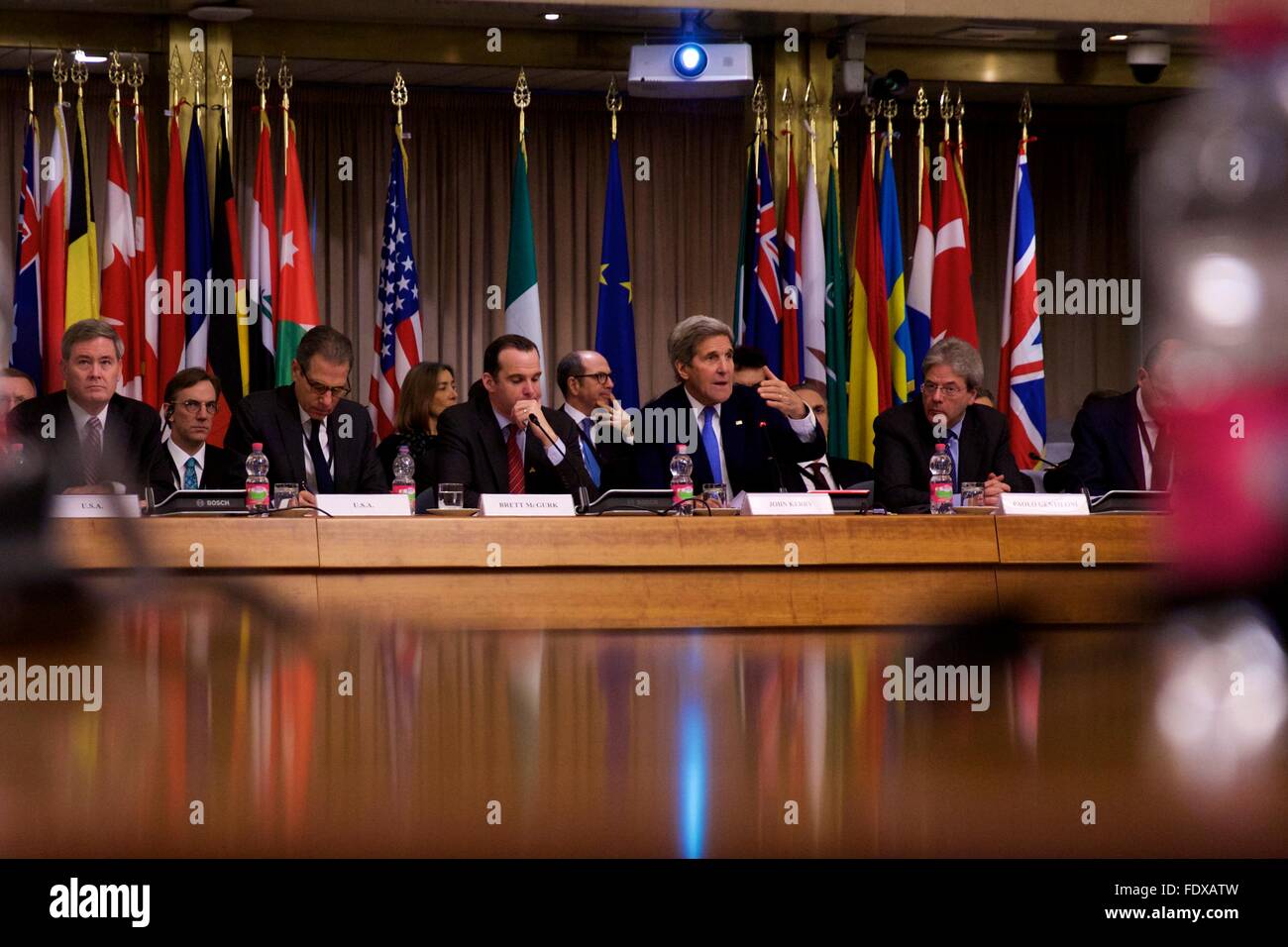 Rome, Italy. 2nd Feb, 2016. Photo taken on Feb. 2, 2016 shows the ministerial meeting regarding the action against Islamic State group in Rome, Italy, Feb. 2, 2016. Key members of the global coalition against so-called Islamic State (IS), or Daesh, gathered in a meeting here on Tuesday, and pledged to step up military action against the group in Iraq and Syria. Credit:  Jin Yu/Xinhua/Alamy Live News Stock Photo