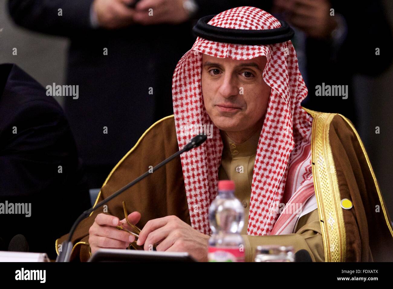 Rome, Italy. 2nd Feb, 2016. Saudi Arabia's Foreign Minister Adel al-Jubeir looks on during a ministerial meeting regarding the action against Islamic State in Rome, Italy, Feb. 2, 2016. Key members of the global coalition against so-called Islamic State (IS), or Daesh, gathered in a meeting here on Tuesday, and pledged to step up military action against the group in Iraq and Syria. Credit:  Jin Yu/Xinhua/Alamy Live News Stock Photo