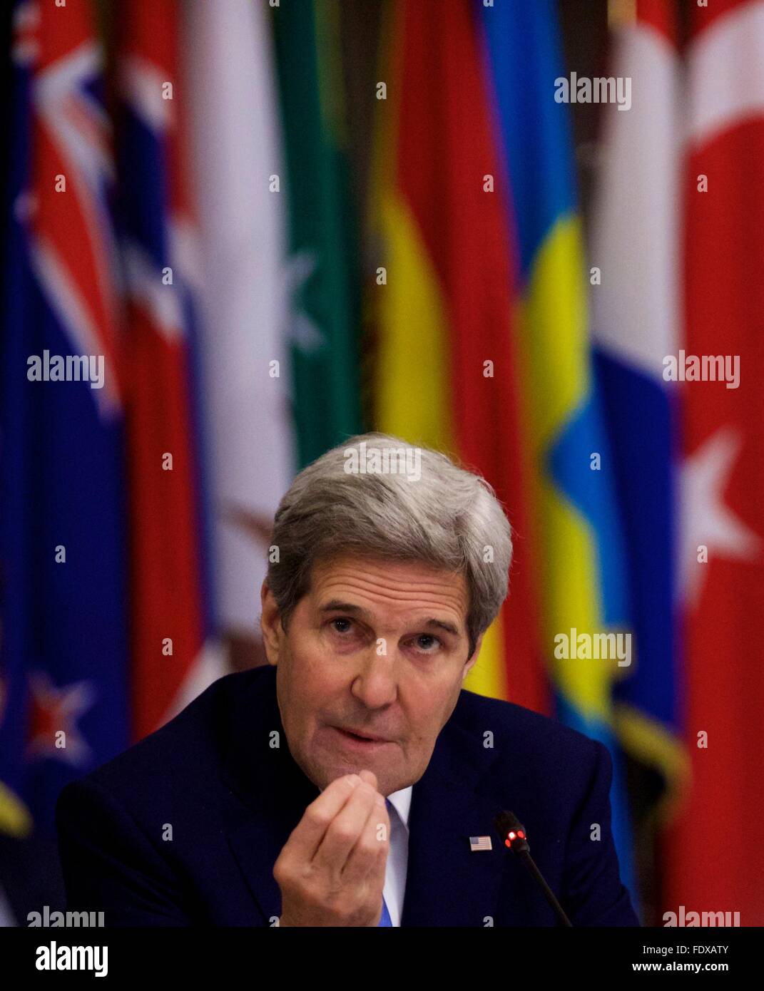 Rome, Italy. 2nd Feb, 2016. U.S. Secretary of State John Kerry talks during a ministerial meeting regarding the action against Islamic State in Rome, Italy, Feb. 2, 2016. Key members of the global coalition against so-called Islamic State (IS), or Daesh, gathered in a meeting here on Tuesday, and pledged to step up military action against the group in Iraq and Syria. Credit:  Jin Yu/Xinhua/Alamy Live News Stock Photo