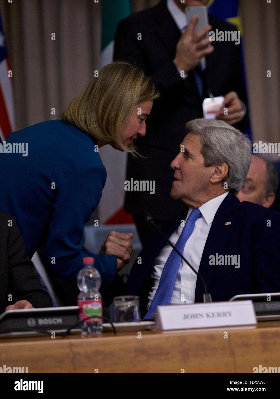 Rome, Italy. 2nd Feb, 2016. U.S. Secretary of State John Kerry (R) greets European Union's Foreign Policy Chief Federica Mogherini during a ministerial meeting regarding the action against Islamic State in Rome, Italy, Feb. 2, 2016. Key members of the global coalition against so-called Islamic State (IS), or Daesh, gathered in a meeting here on Tuesday, and pledged to step up military action against the group in Iraq and Syria. Credit:  Jin Yu/Xinhua/Alamy Live News Stock Photo
