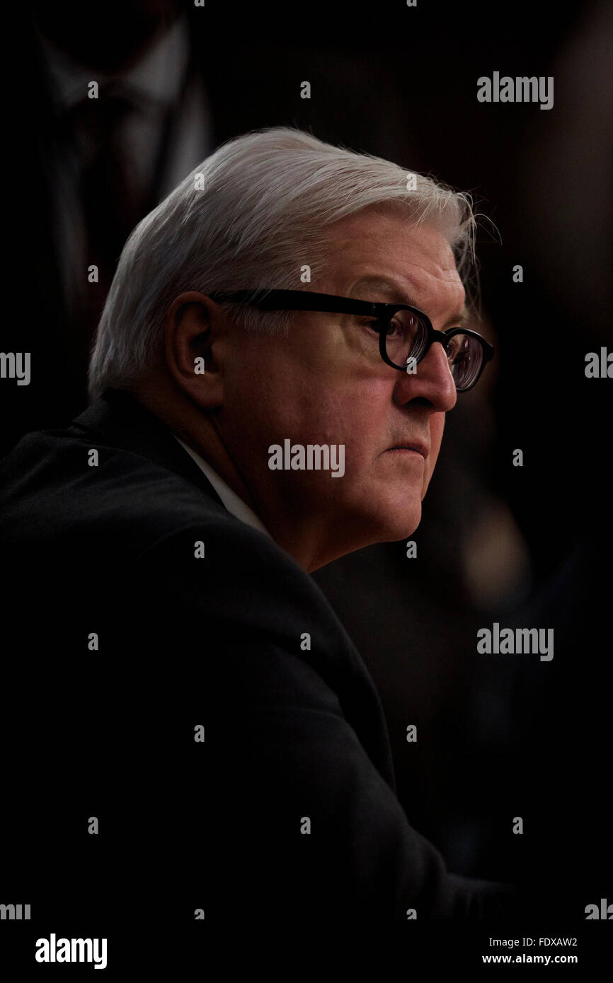 Rome, Italy. 2nd Feb, 2016. German Foreign Minister Frank-Walter Steinmeier looks on during a ministerial meeting regarding the action against Islamic State in Rome, Italy, Feb. 2, 2016. Key members of the global coalition against so-called Islamic State (IS), or Daesh, gathered in a meeting here on Tuesday, and pledged to step up military action against the group in Iraq and Syria. Credit:  Jin Yu/Xinhua/Alamy Live News Stock Photo