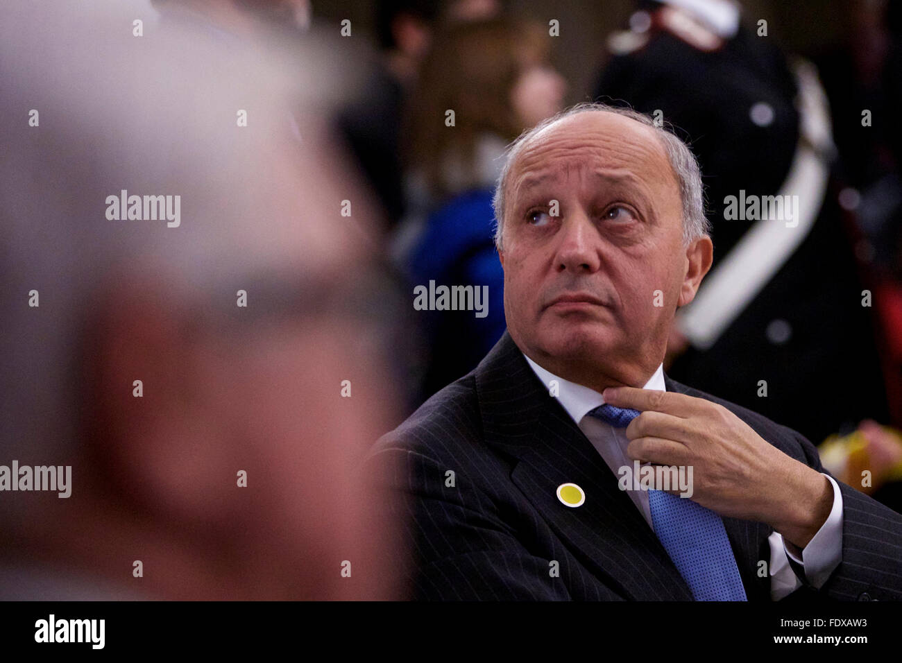 Rome, Italy. 2nd Feb, 2016. French Foreign Minister Laurent Fabius arrives to attend a ministerial meeting regarding the action against Islamic State in Rome, Italy, Feb. 2, 2016. Key members of the global coalition against so-called Islamic State (IS), or Daesh, gathered in a meeting here on Tuesday, and pledged to step up military action against the group in Iraq and Syria. Credit:  Jin Yu/Xinhua/Alamy Live News Stock Photo