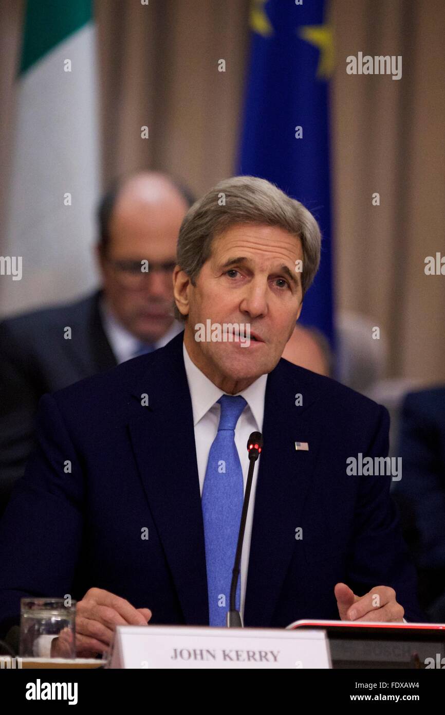 Rome, Italy. 2nd Feb, 2016. U.S. Secretary of State John Kerry talks during a ministerial meeting regarding the action against Islamic State in Rome, Italy, Feb. 2, 2016. Key members of the global coalition against so-called Islamic State (IS), or Daesh, gathered in a meeting here on Tuesday, and pledged to step up military action against the group in Iraq and Syria. Credit:  Jin Yu/Xinhua/Alamy Live News Stock Photo