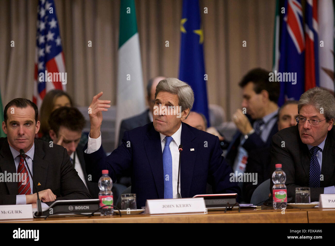 Rome, Italy. 2nd Feb, 2016. U.S. Secretary of State John Kerry (C) talks during a ministerial meeting regarding the action against Islamic State in Rome, Italy, Feb. 2, 2016. Key members of the global coalition against so-called Islamic State (IS), or Daesh, gathered in a meeting here on Tuesday, and pledged to step up military action against the group in Iraq and Syria. Credit:  Jin Yu/Xinhua/Alamy Live News Stock Photo