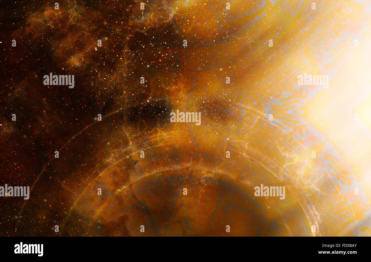 Ancient Mayan Calendar, Cosmic space and stars, abstract color Background, computer collage. Stock Photo