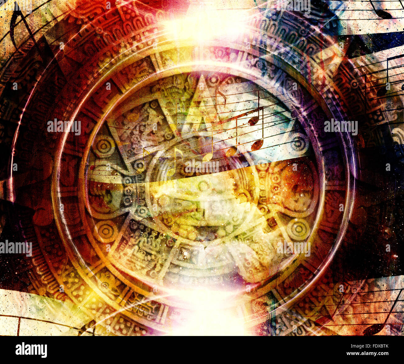 Ancient Mayan Calendar and Music note, Cosmic space with stars ...