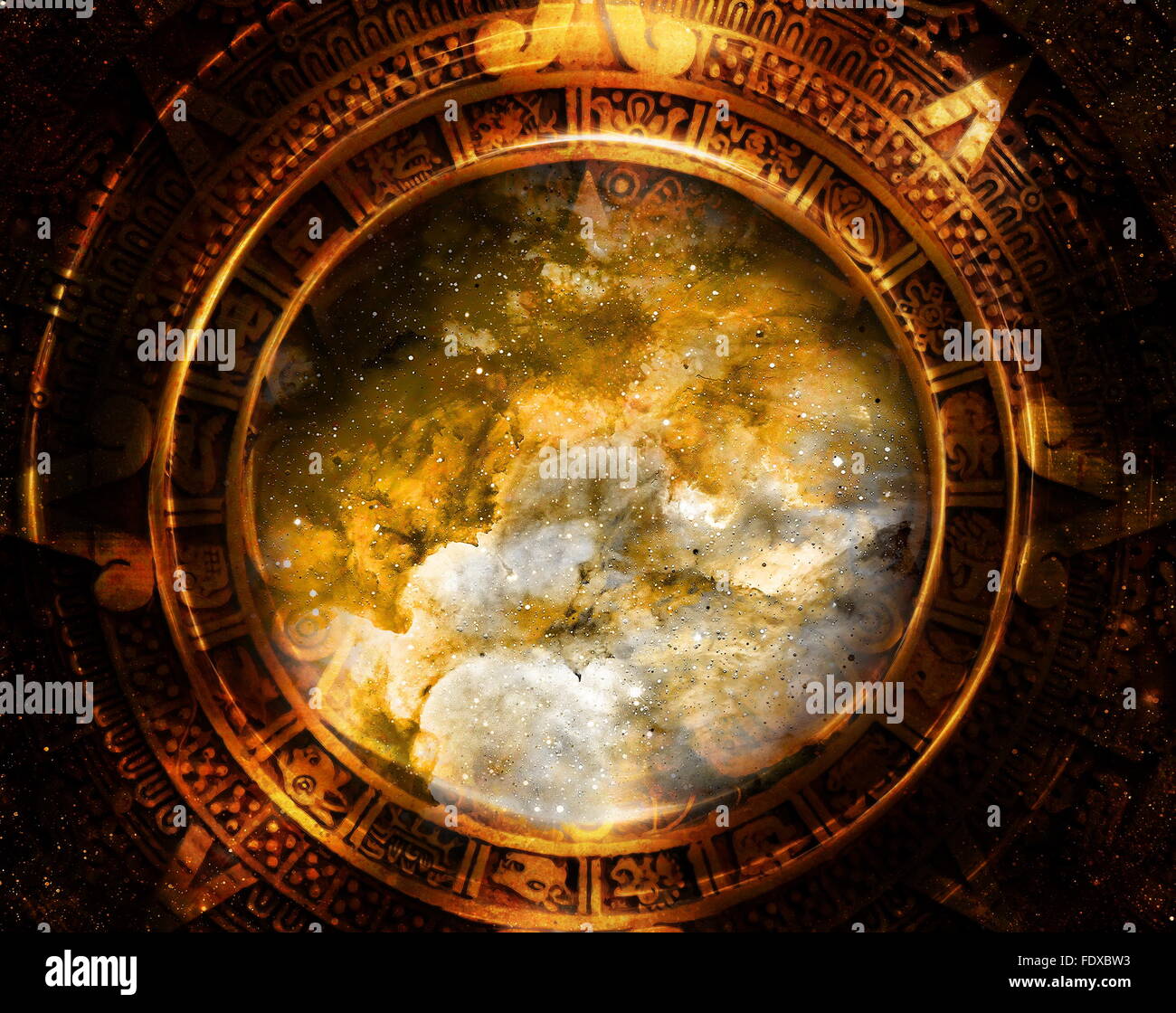 Ancient Mayan Calendar, Cosmic space and stars, abstract color Background, computer collage. Stock Photo
