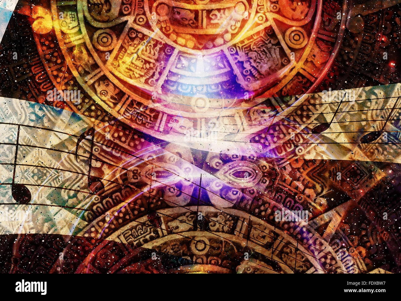 Ancient Mayan Calendar and Music note, Cosmic space with stars ...