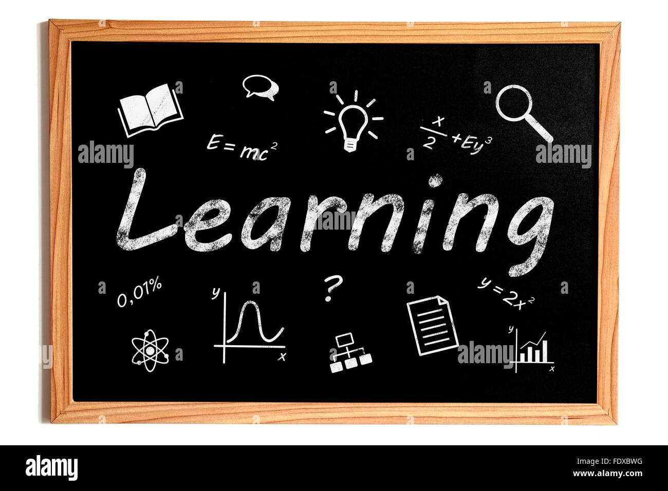Learning Chalk Text and Related Learning Symbols on Chalkboard on White Background Stock Photo