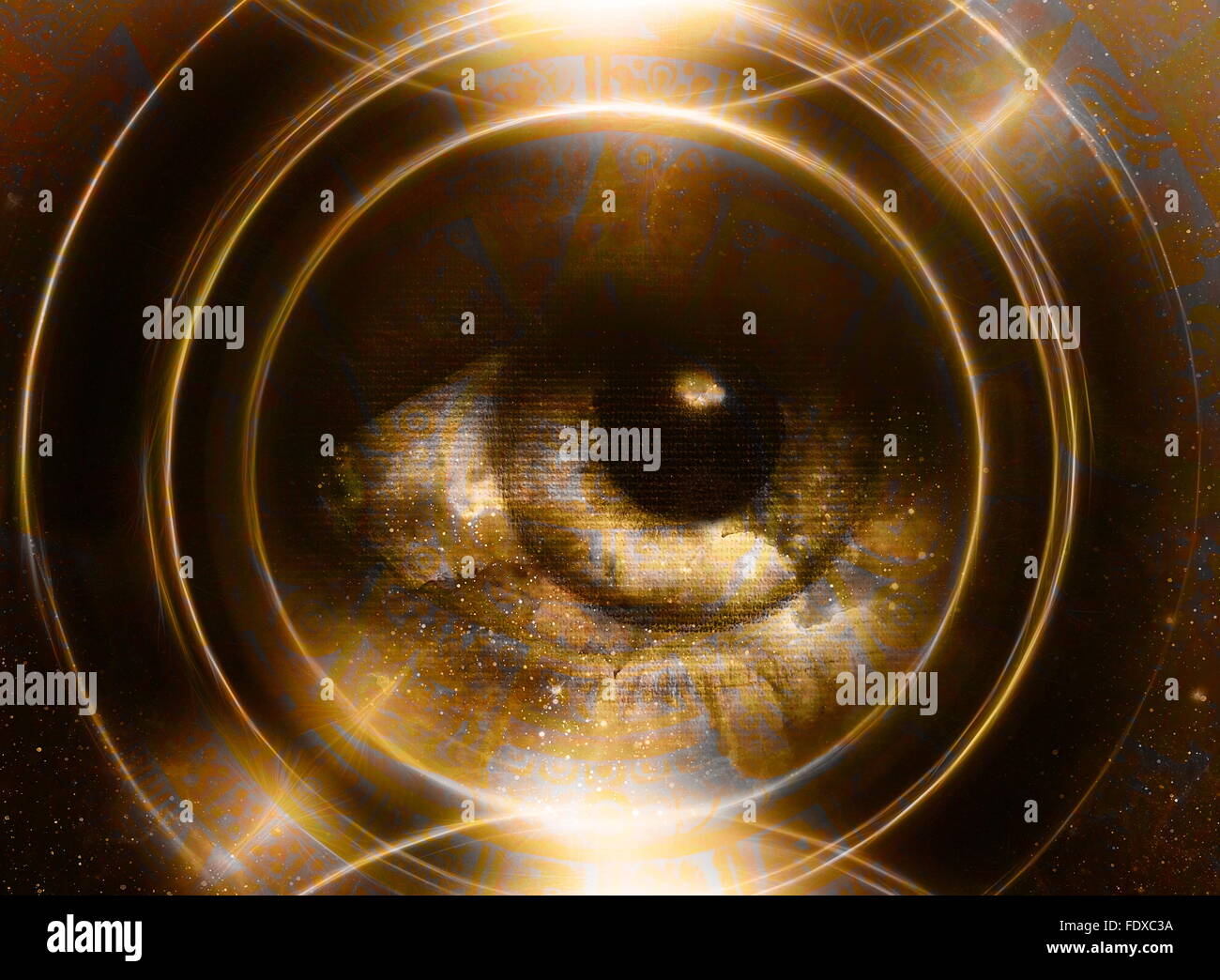 Ancient Mayan Calendar and woman eye, abstract color Background ...