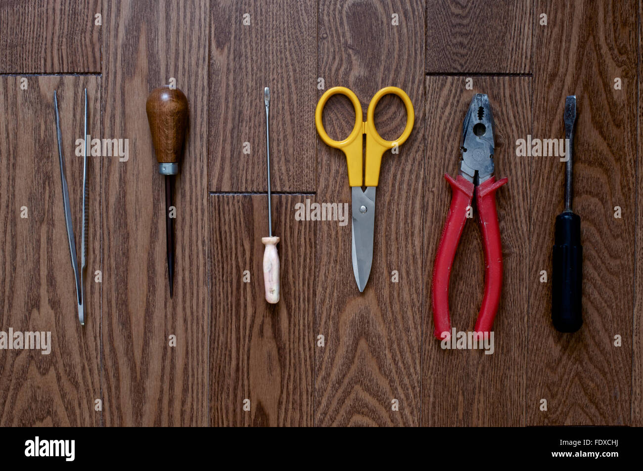 Wooden background with clear wooden pattern with tools Stock Photo