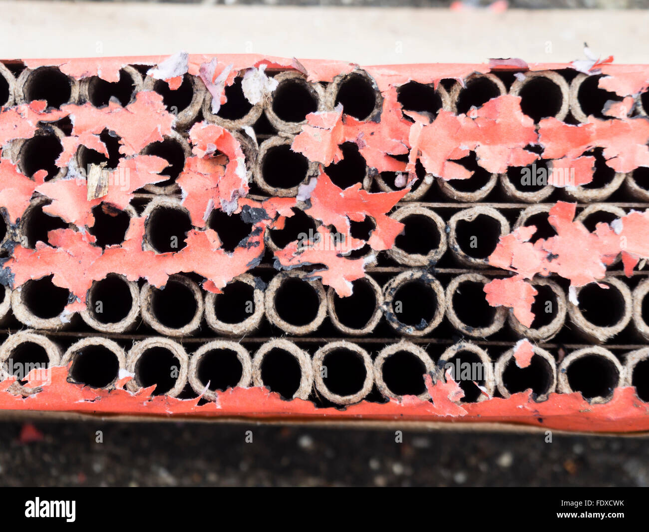 used / burnt down array of fireworks explosives Stock Photo