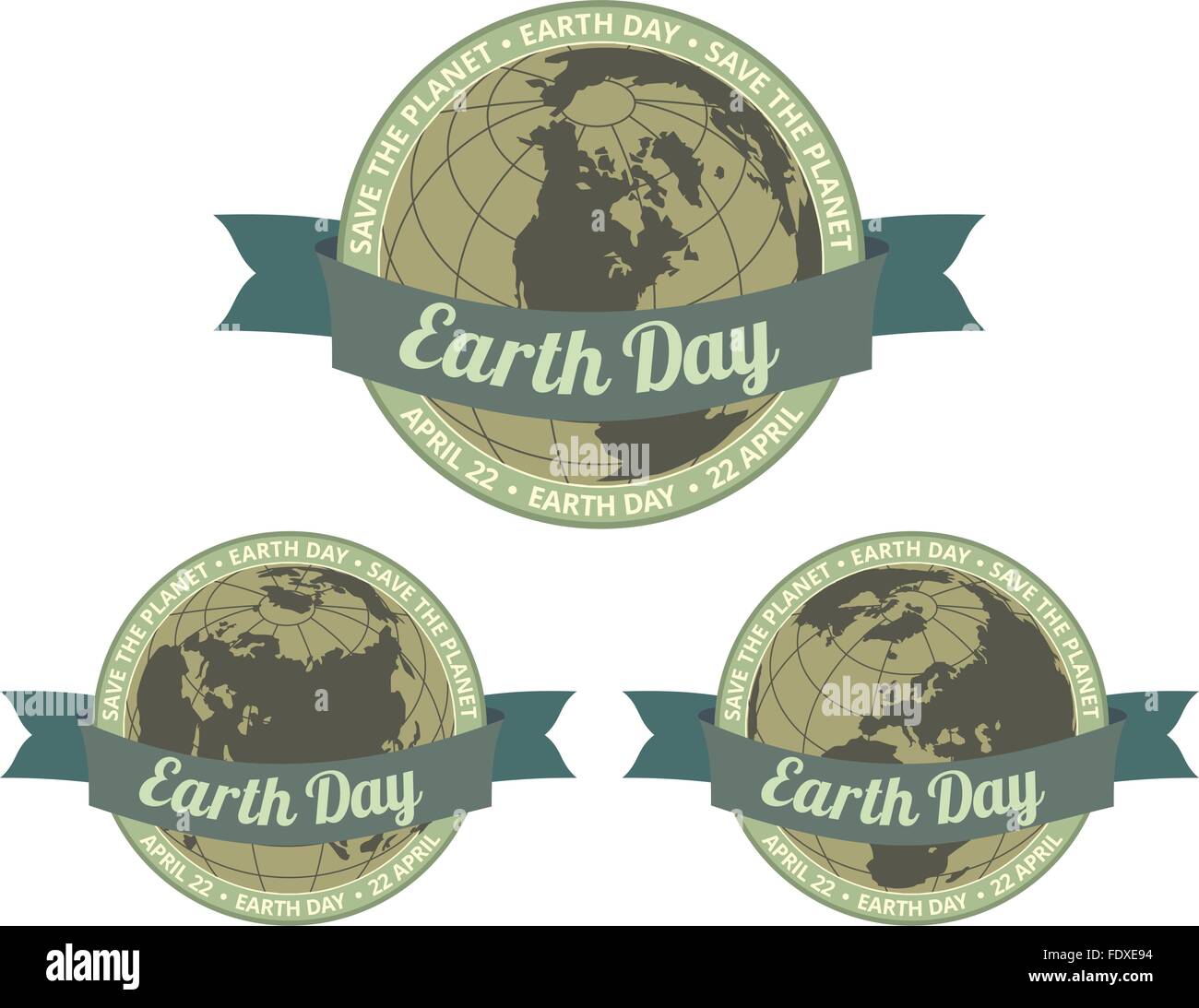 Set of globes with Earth day written inside old style banner and Save the planet slogan around. EPS8 vector illustration. Stock Vector