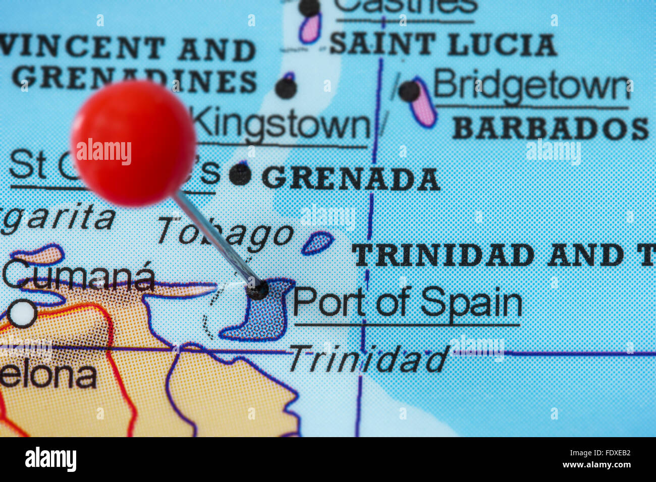 Close-up of a red pushpin in a map of Port of Spain, Trinidad and Tobago. Stock Photo