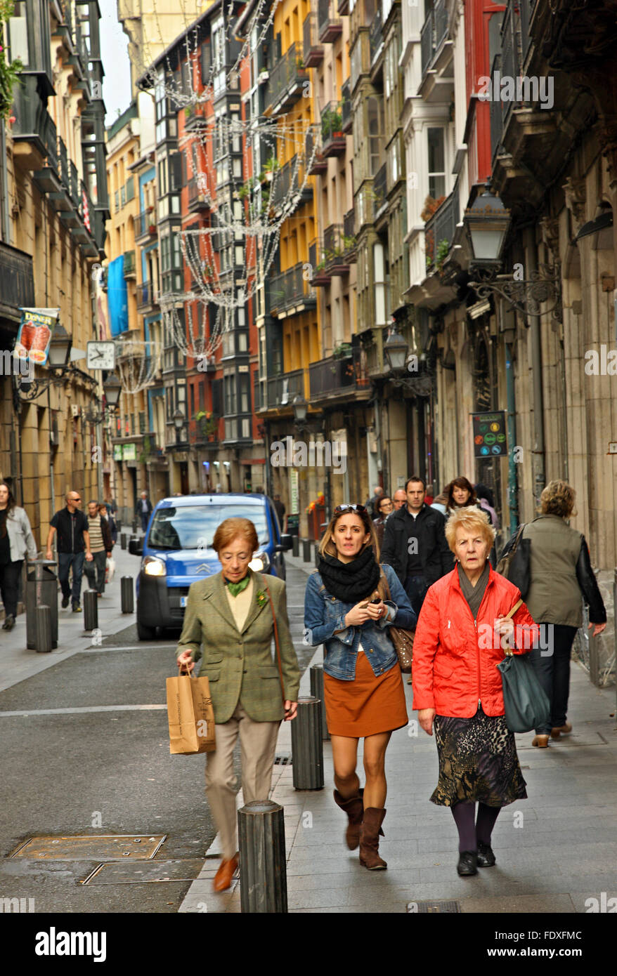 Walking in 'Siete Calles' ('Seven Streets') in the 'heart' of the old town ('Casco Viejo') of Bilbao, Basque Country, Spain. Stock Photo