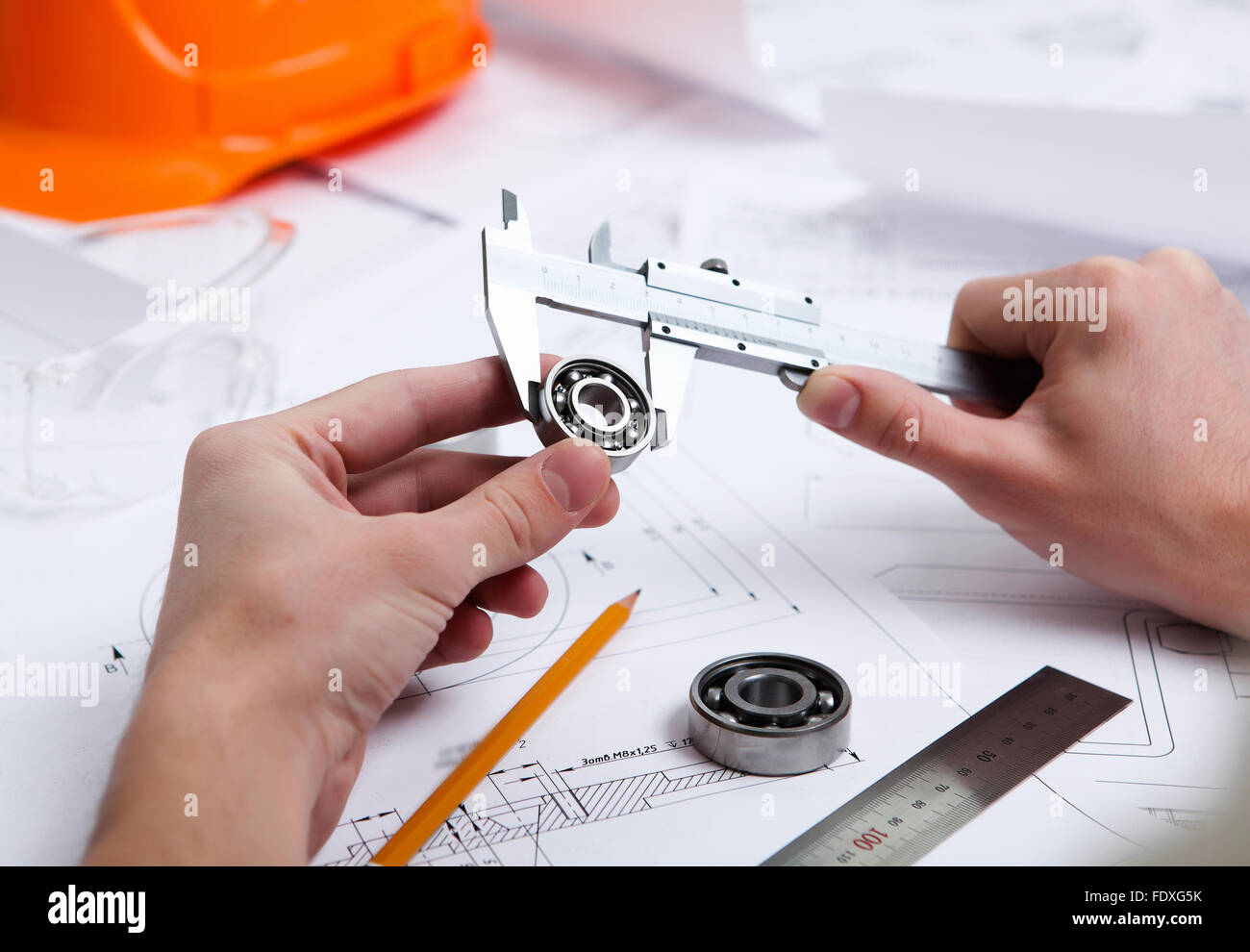 construction drafts and tools on the table Stock Photo