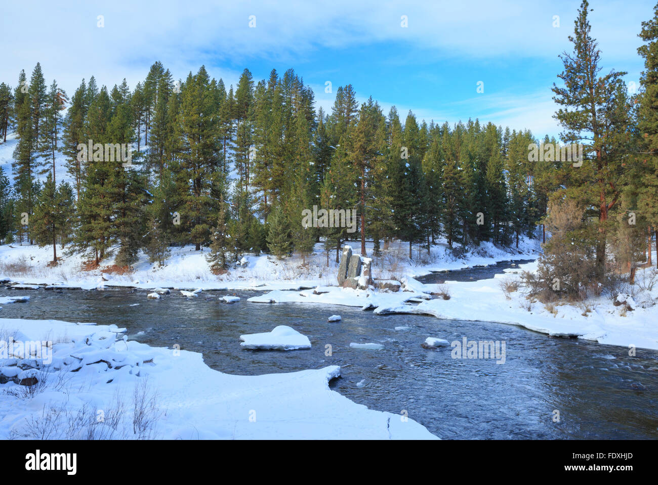 confluence of the blackfoot and clearwater rivers in winter near ovando