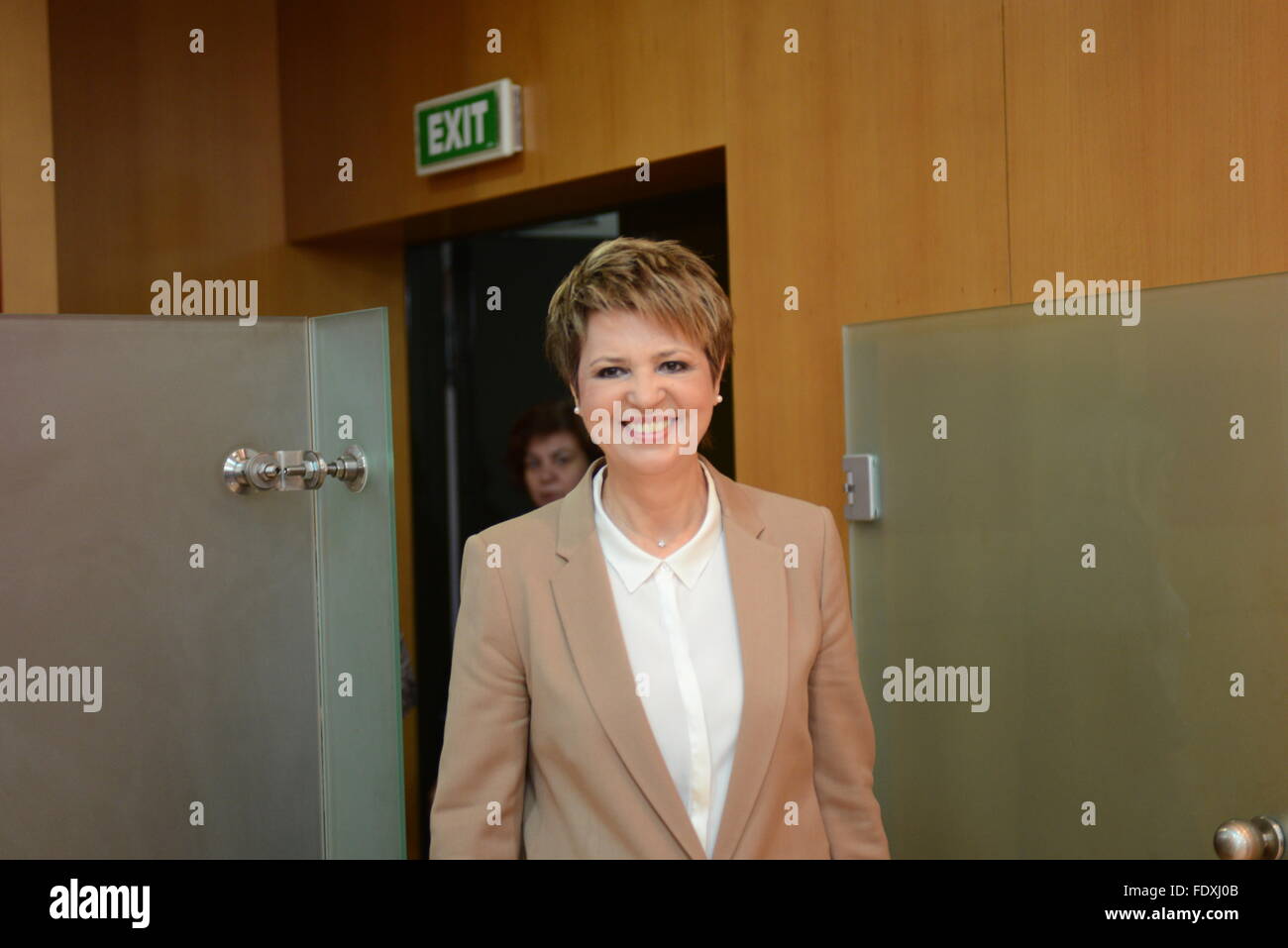 Athens, Greece. 02nd Feb, 2016. Gerovasili Olga, Greek Government representative is entering the room in which the press briefing is going to take place. Credit:  Dimitrios Karvountzis/Pacific Press/Alamy Live News Stock Photo