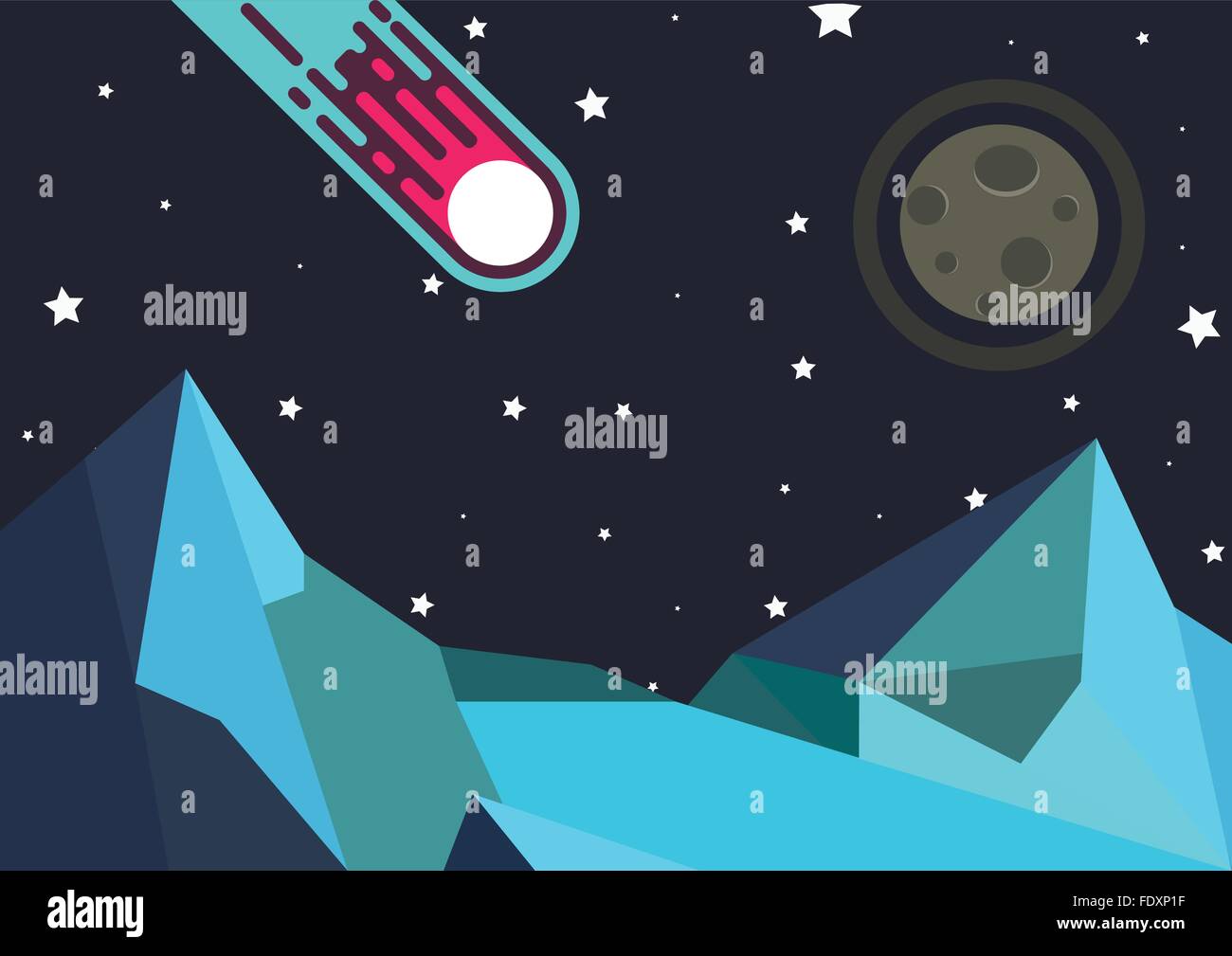 flat minimalistic view of the space, the moon, and a meteor falling ...