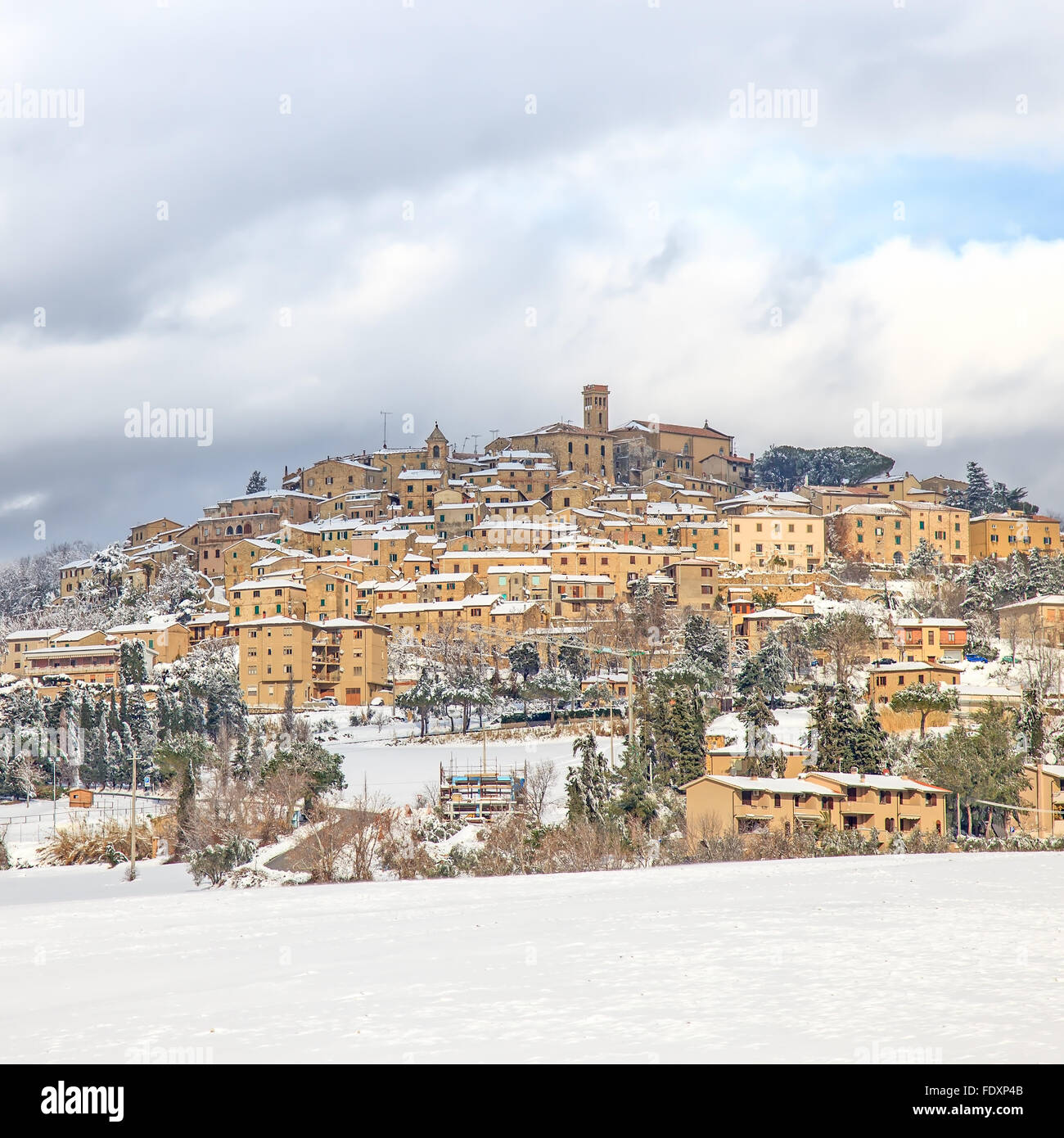Tuscany, Casale Marittimo old rural village covered by snow in winter. Maremma, Italy, Europe Stock Photo
