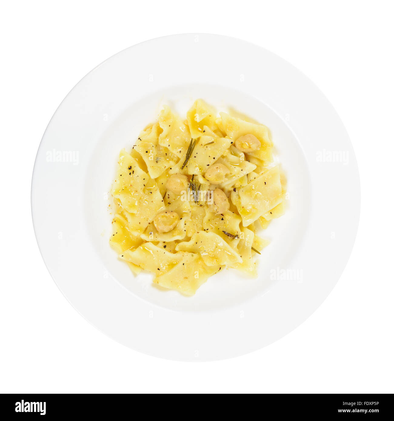 Traditional italian recipe Pasta Macaroni and Chickpeas on a round plate isolated on white background. Also known as Pasta e Cec Stock Photo