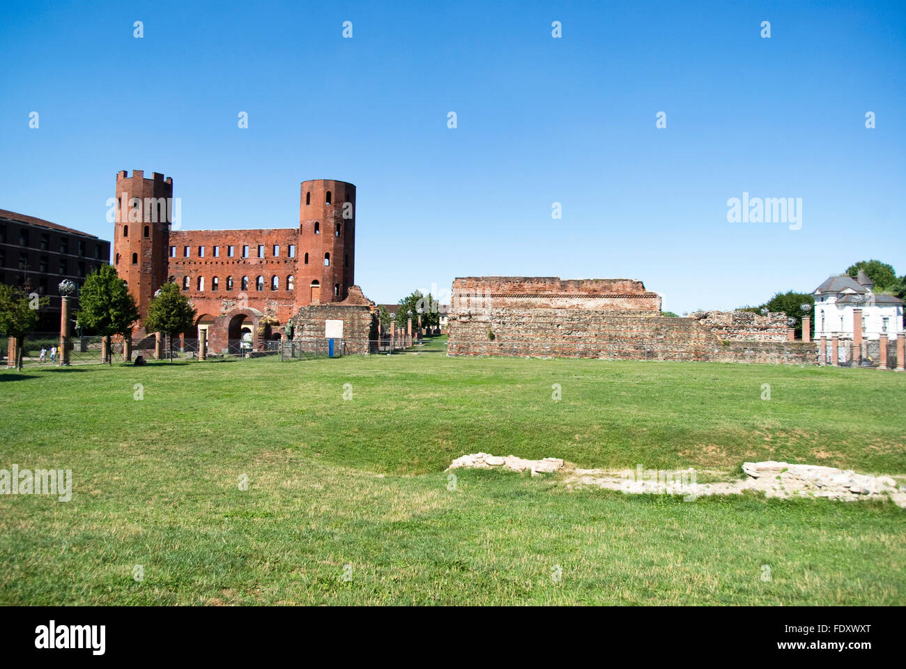 The Palatine Gate, with a stretch of the Roman city walls (Turin, Italy) Stock Photo