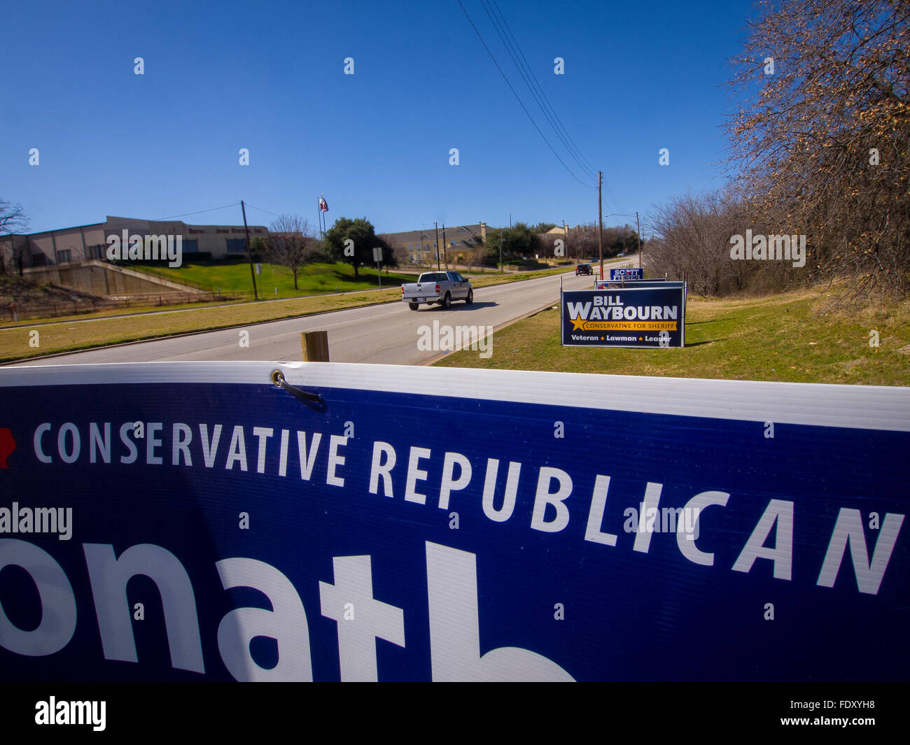 2016 Primary elections in Texas on March 1st, no longer Tea Party, but 'conservative.' For Texas Republicans. Shots around North Texas near the Dallas-Fort Worth Airport. Stock Photo