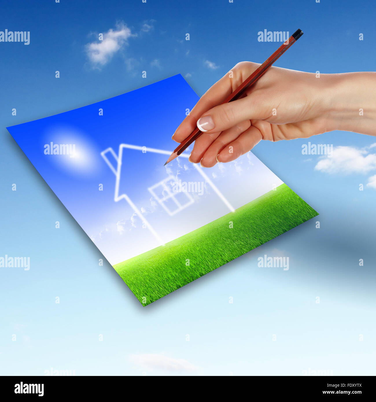 Picture of a house from white clouds against blue sky Stock Photo - Alamy