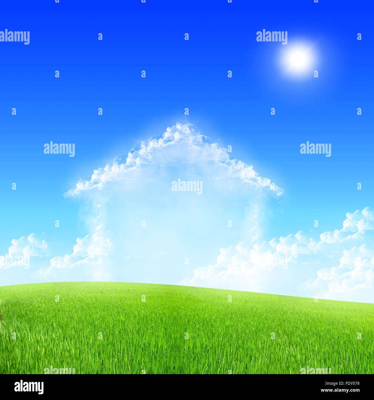 House of clouds in the blue sky against a background of green grass ...