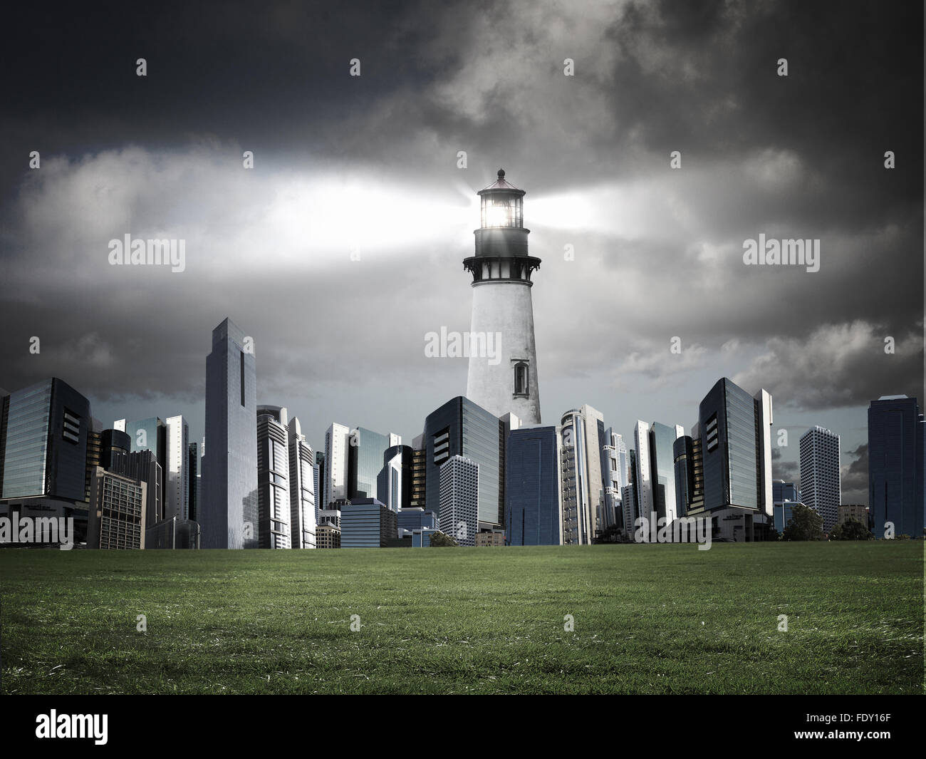 Collage with lighthouse at night with beam of light Stock Photo - Alamy