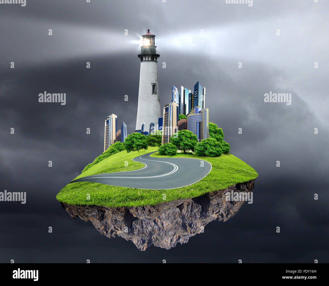 Collage with lighthouse at night with beam of light Stock Photo - Alamy