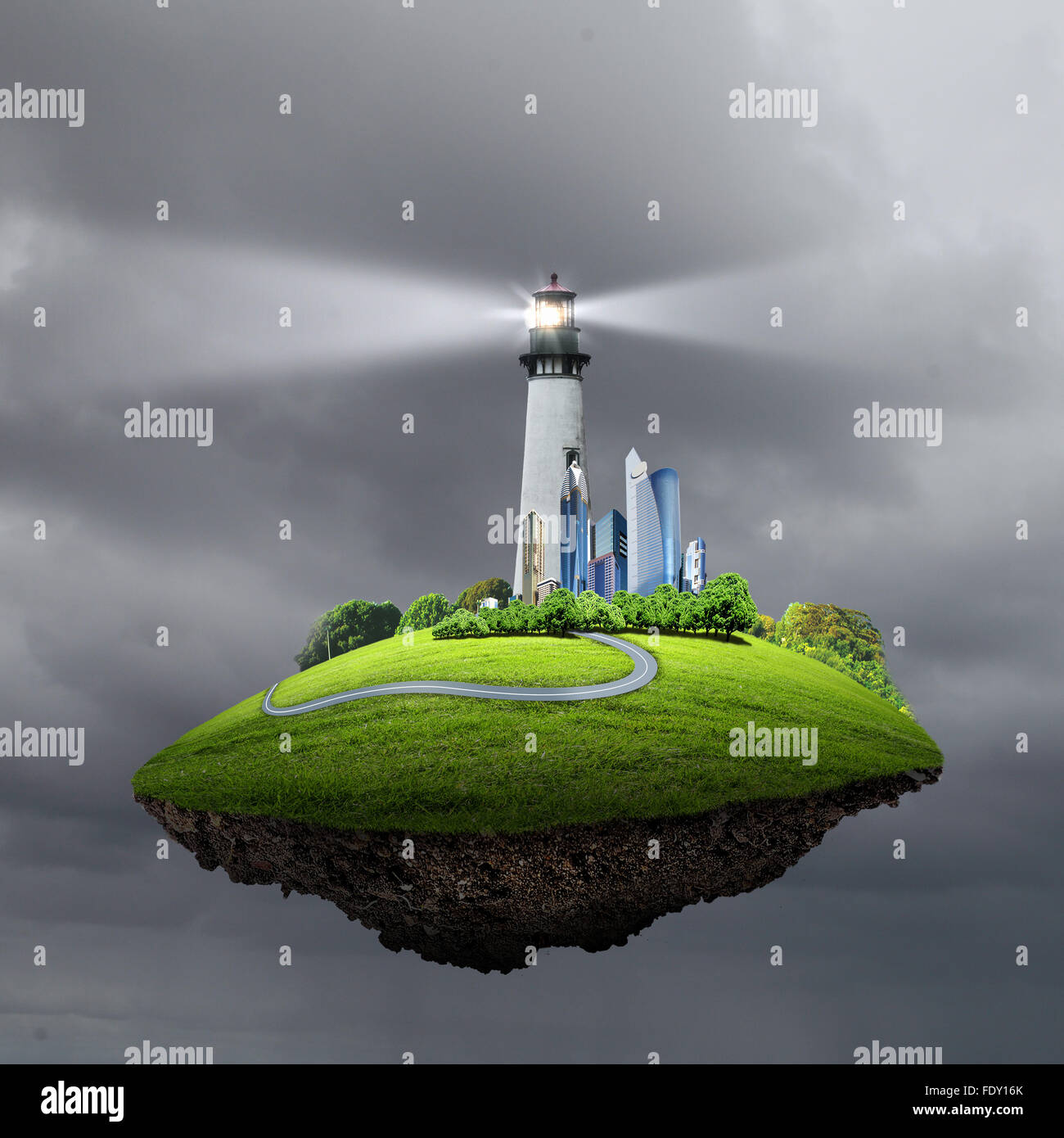Collage with lighthouse at night with beam of light Stock Photo - Alamy