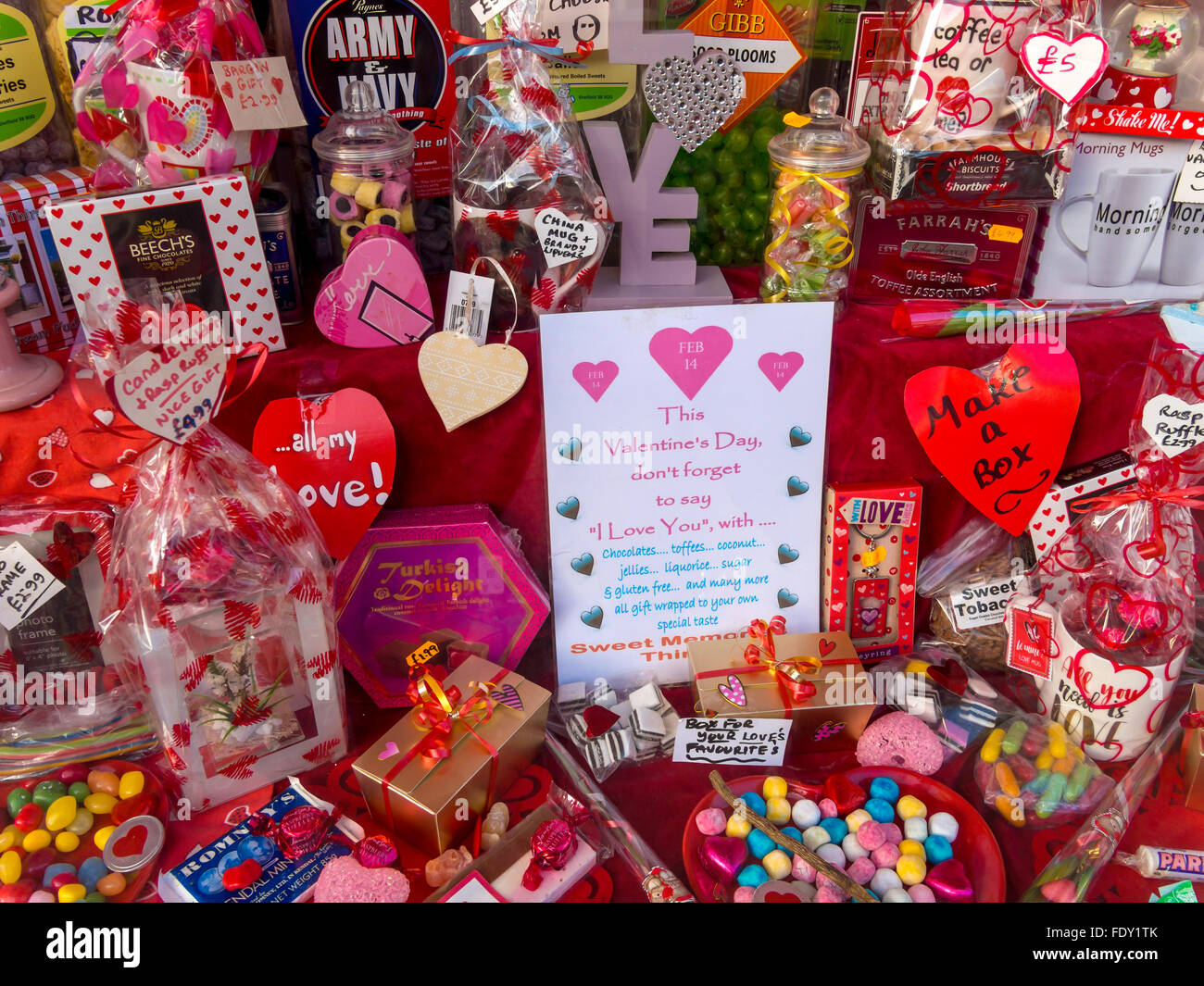 Display of Saint Valentines day sweets in an old fashioned confectioners shop in North Yorkshire Stock Photo