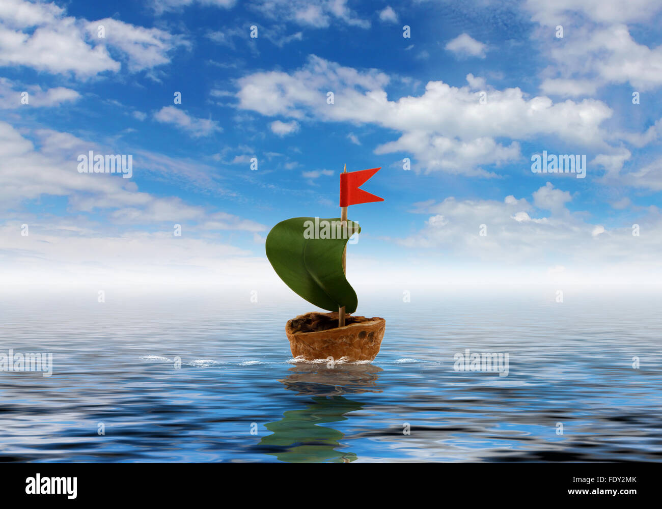 Nutshell ship with green leaf sail and red flag Stock Photo Alamy
