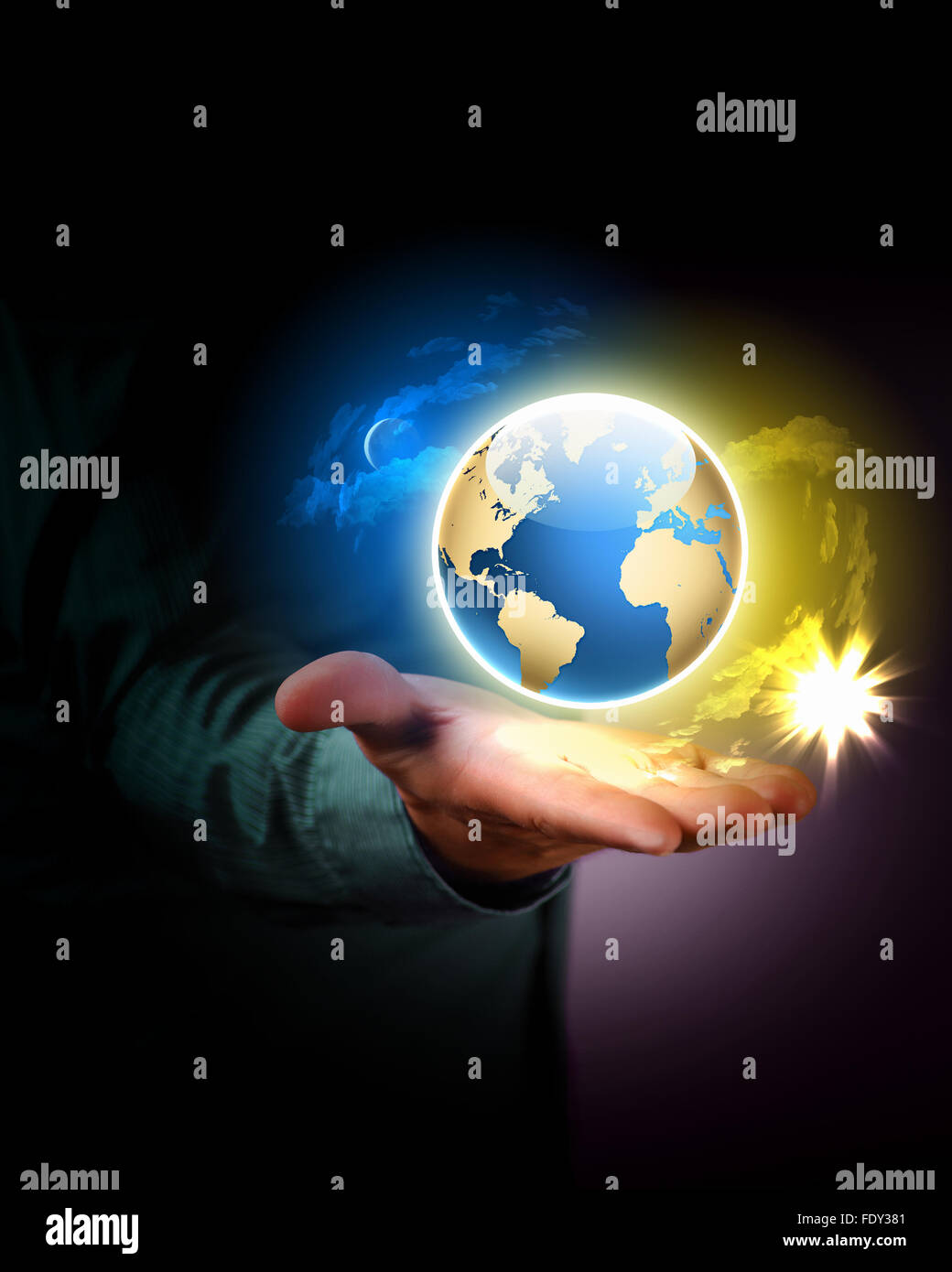 Man holding a glowing earth globe in his hands Stock Photo - Alamy