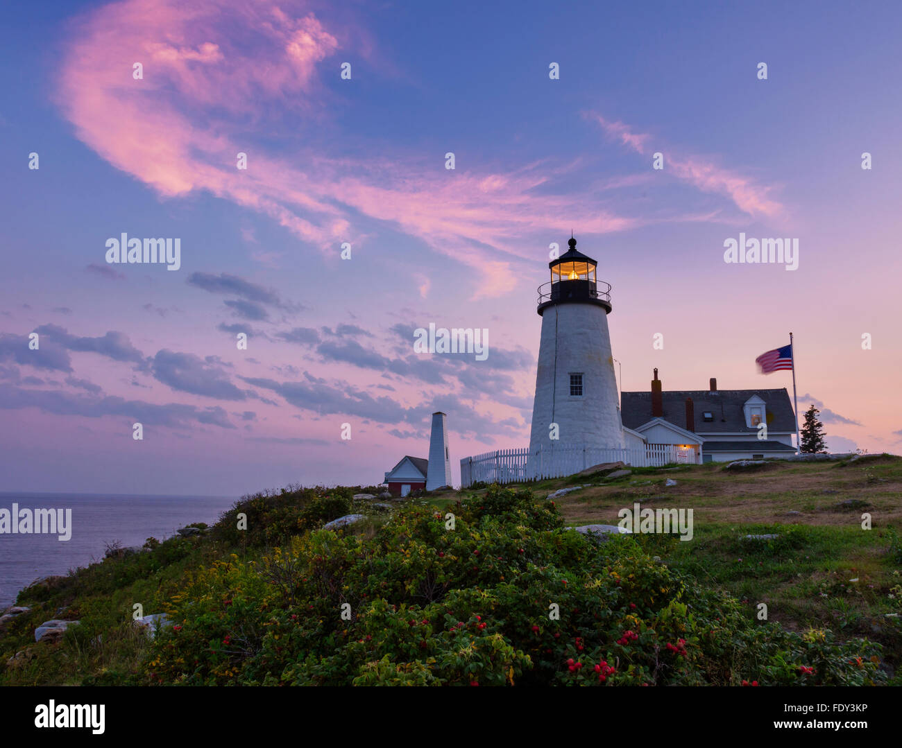 Lincoln County, ME: Pemaquid Point Lighthouse (1835) at with sunset clouds Stock Photo