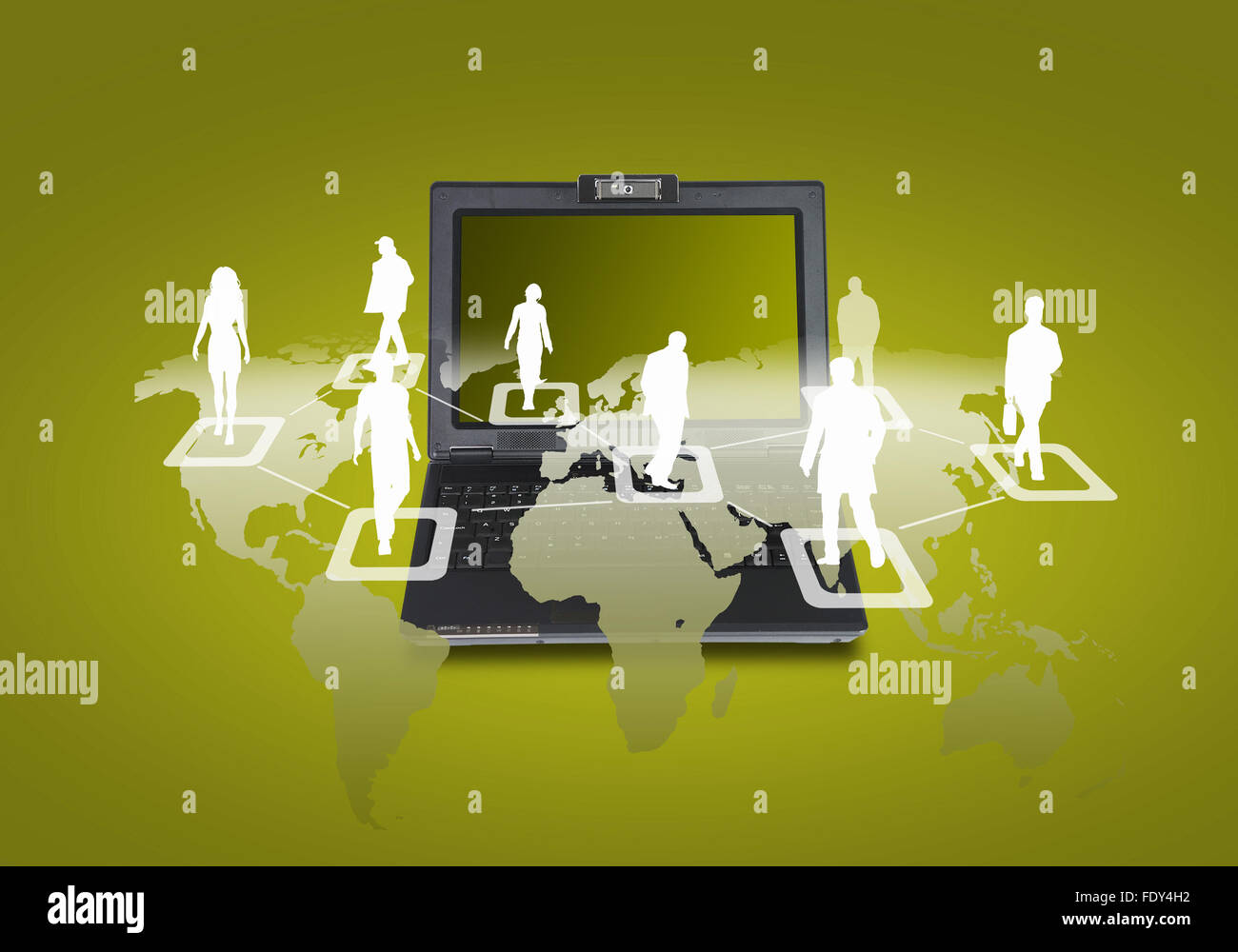 Image of laptop computer with symbols of network and communication ...