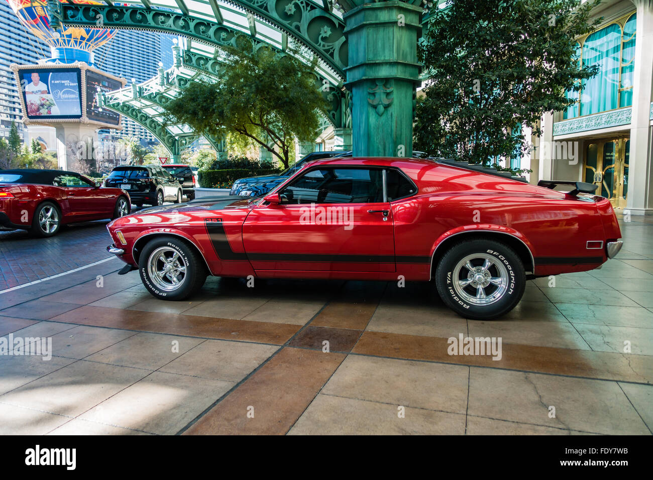 Red Ford Mustang parked at the Paris Casino in Las Vegas, Nevada, USA Stock Photo