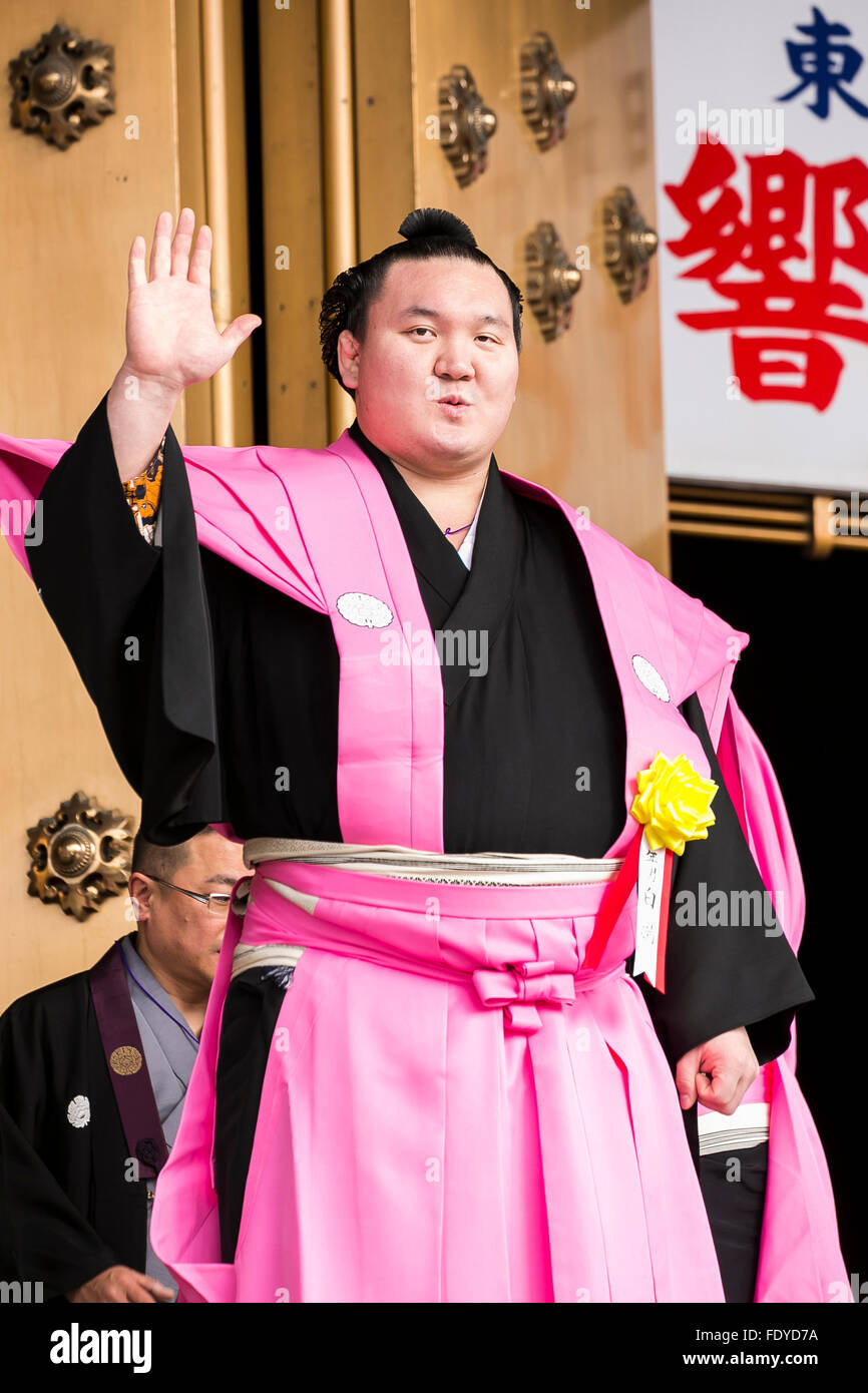 Sumo wrestler and Yokozuna Hakuho Sho greets to the audience during a Setsubun festival at Naritasan Shinshoji Temple on February 3, 2016, in Chiba, Japan. Setsubun is an annual Japanese festival celebrated on February 3rd and marks the day before the beginning of Spring. Celebrations involve throwing soybeans (known as mamemaki) out of the house to protect against evil spirits and into the house to invite good fortune. In many Japanese families one member will wear an ogre mask whilst others throw beans at him or her. The celebration at Naritasan Shinshoji Temple is one of the biggest in Japa Stock Photo