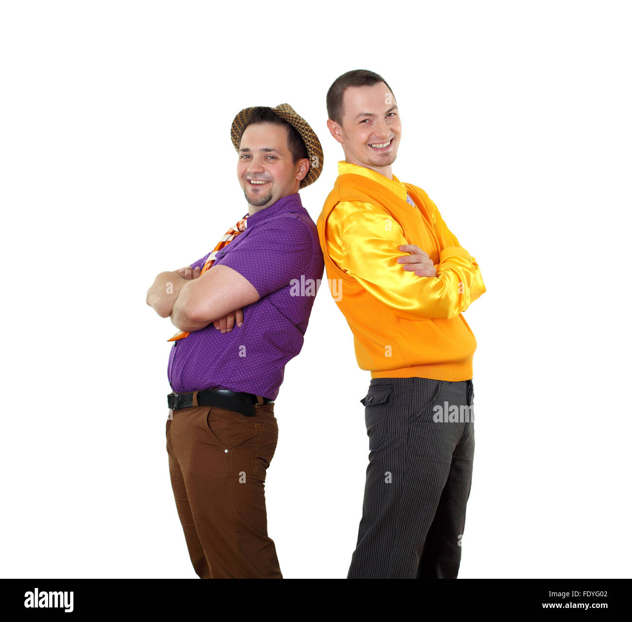 two young man in bright colour wear in retro style Stock Photo - Alamy