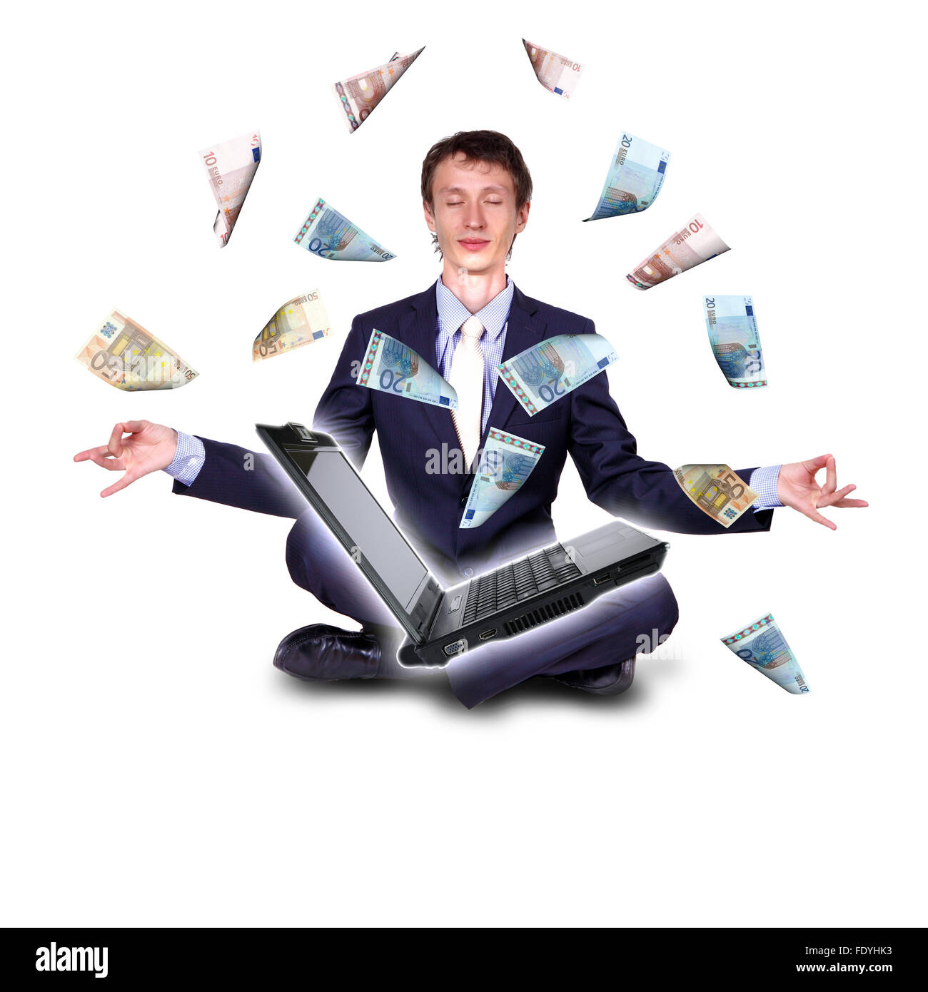 Young businessman with banknotes all around him Stock Photo - Alamy