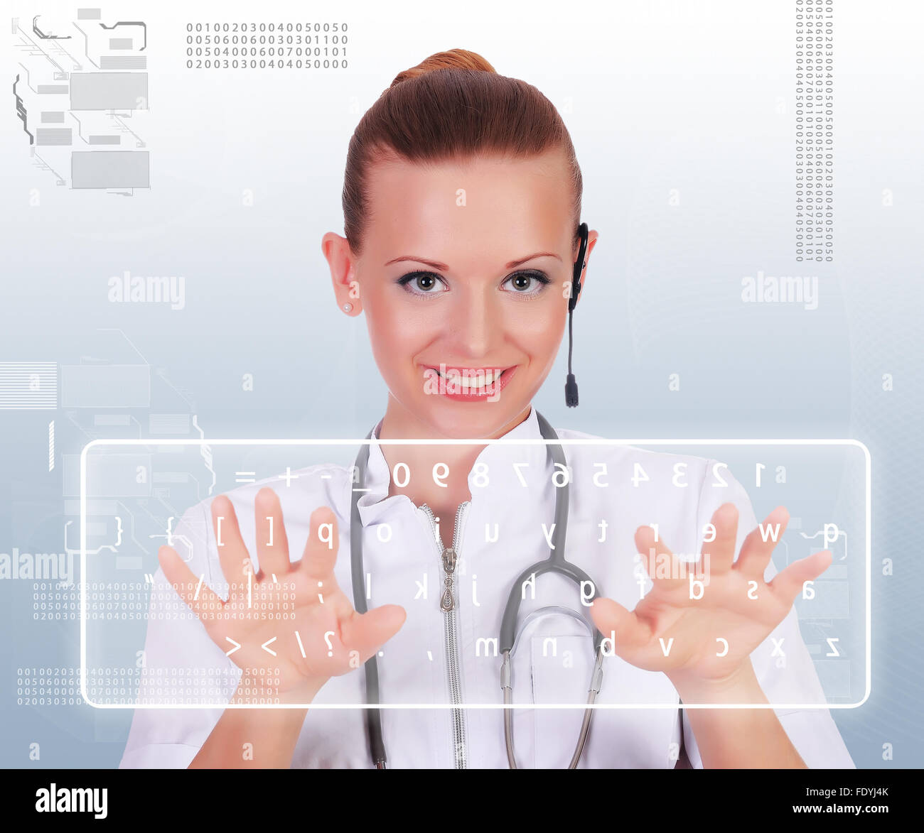 Young doctor in white uniform and a stethoscope clicks on virtual