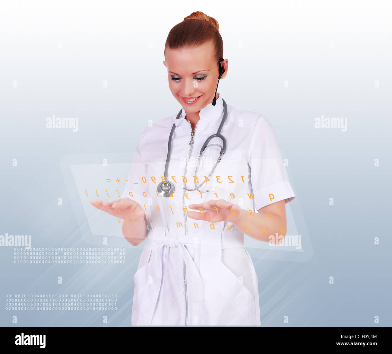 Young doctor in white uniform and a stethoscope clicks on virtual