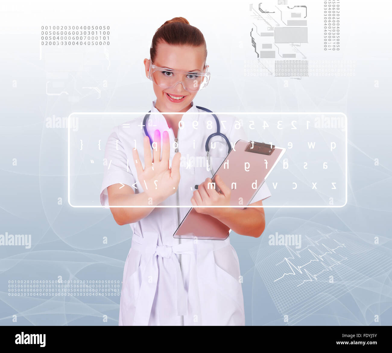 Young doctor in white uniform, transparent glasses and a stethoscope clicks on virtual keyboard. Collage. Stock Photo